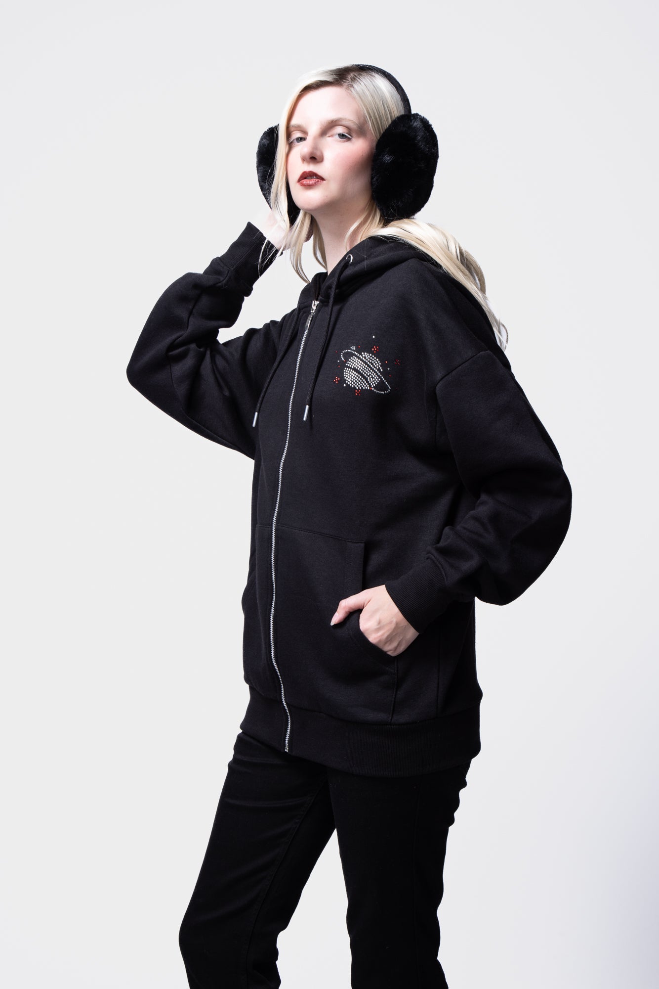 Rhinestone Embellished Long Sleeve Hooded Zip-Up Sweatshirt SILKROAD DAUGHTERS