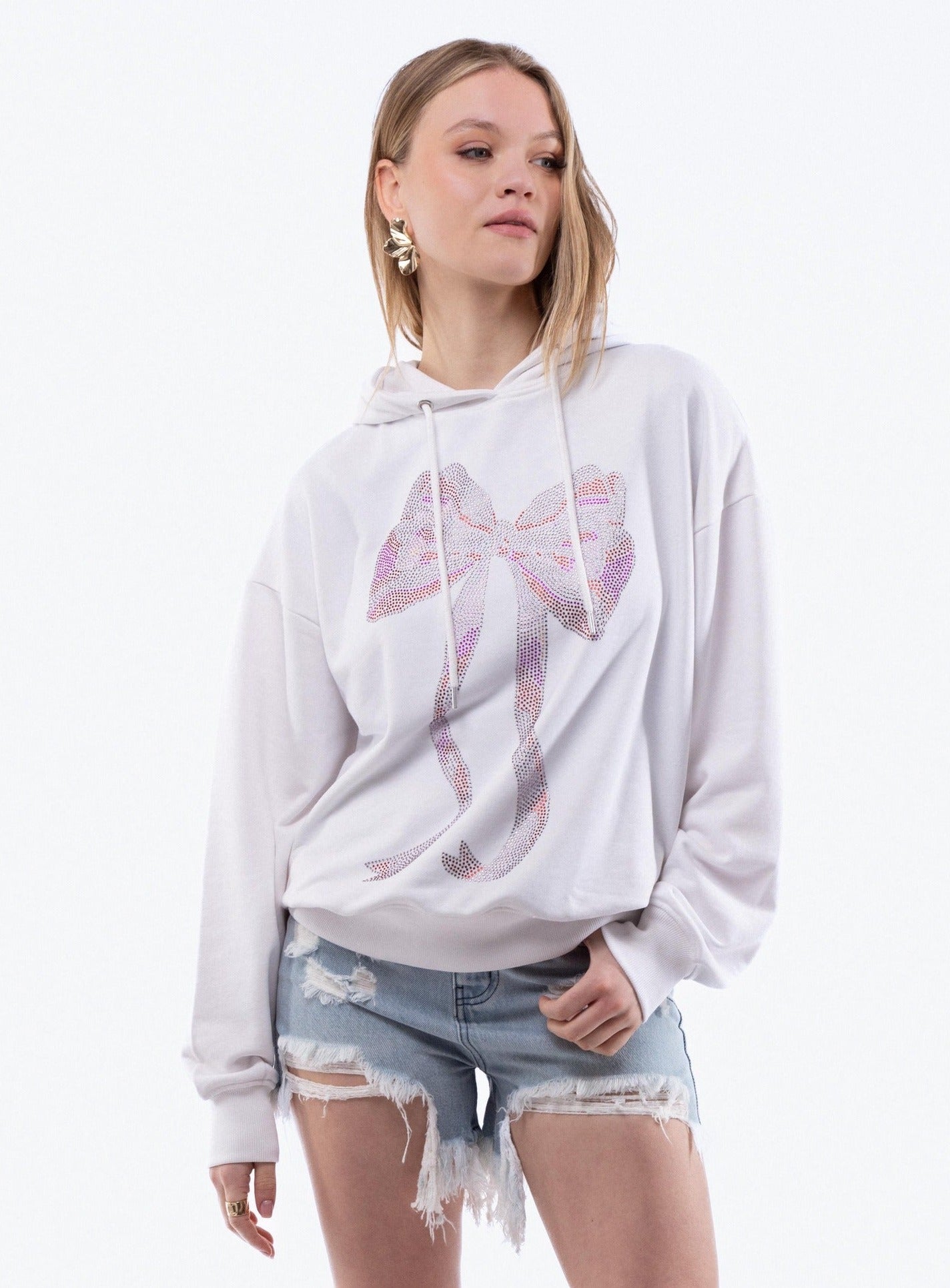 Oversized Rhinestone Pull On Bow Hoodie, SILKROAD DAUGHTERS , Shirts & Tops, Oversized Rhinestone Pull On Bow Hoodie