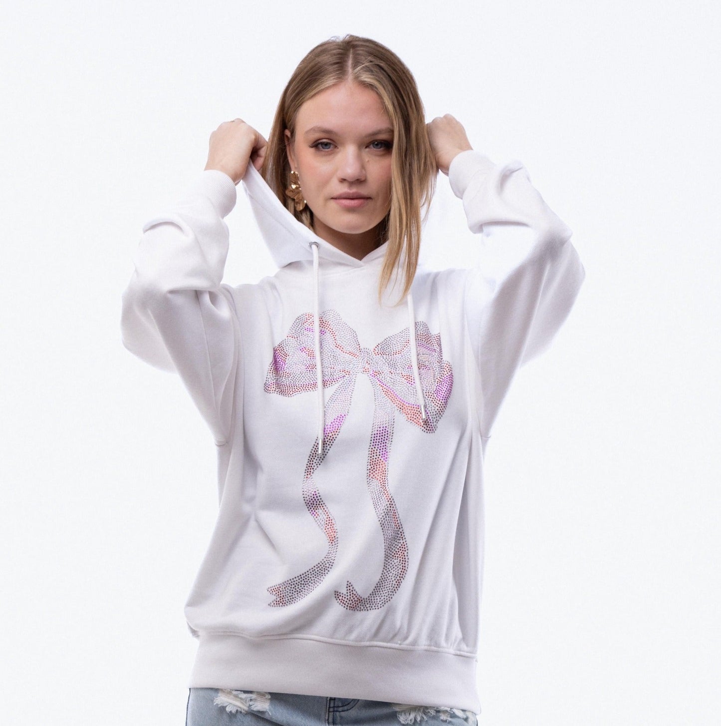 Oversized Rhinestone Pull On Bow Hoodie, SILKROAD DAUGHTERS , Shirts & Tops, Oversized Rhinestone Pull On Bow Hoodie