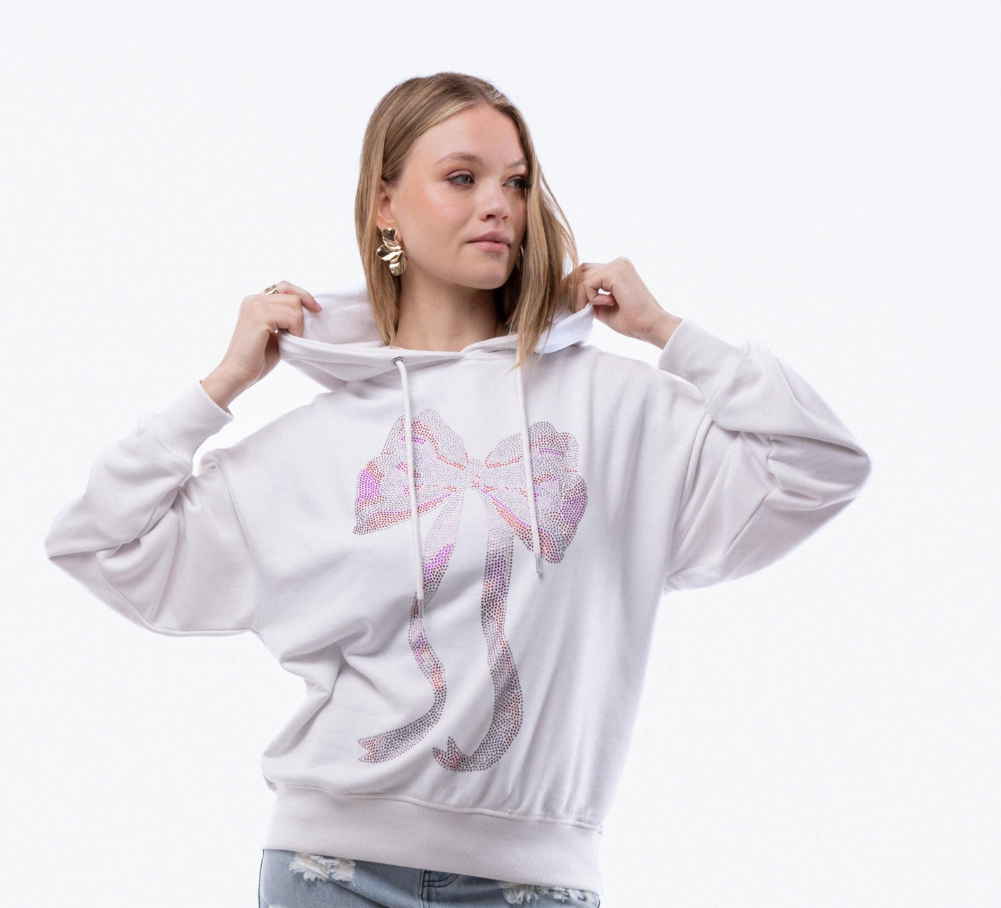 Oversized Rhinestone Pull On Bow Hoodie, SILKROAD DAUGHTERS , Shirts & Tops, Oversized Rhinestone Pull On Bow Hoodie