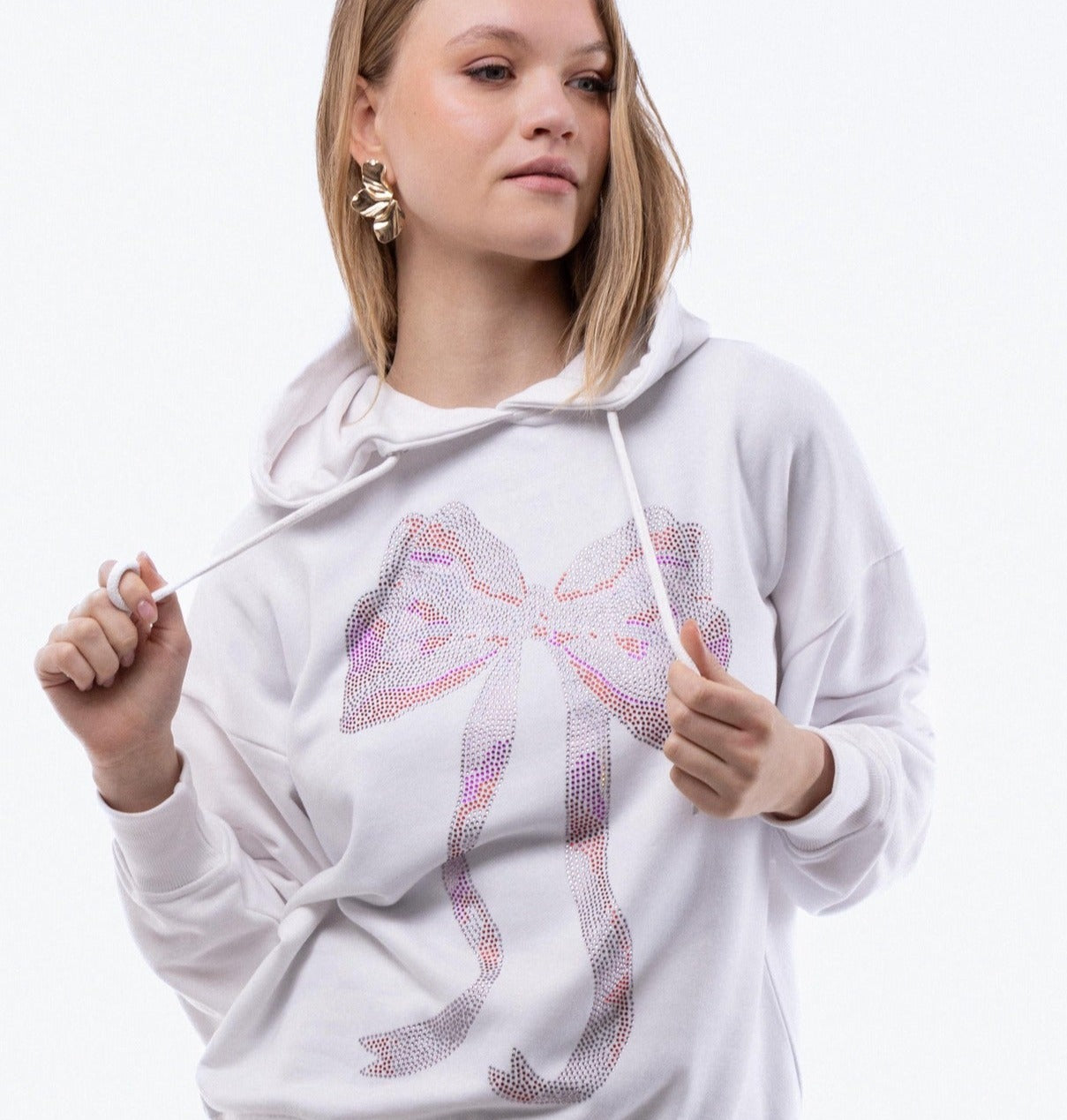 Oversized Rhinestone Pull On Bow Hoodie, SILKROAD DAUGHTERS , Shirts & Tops, Oversized Rhinestone Pull On Bow Hoodie