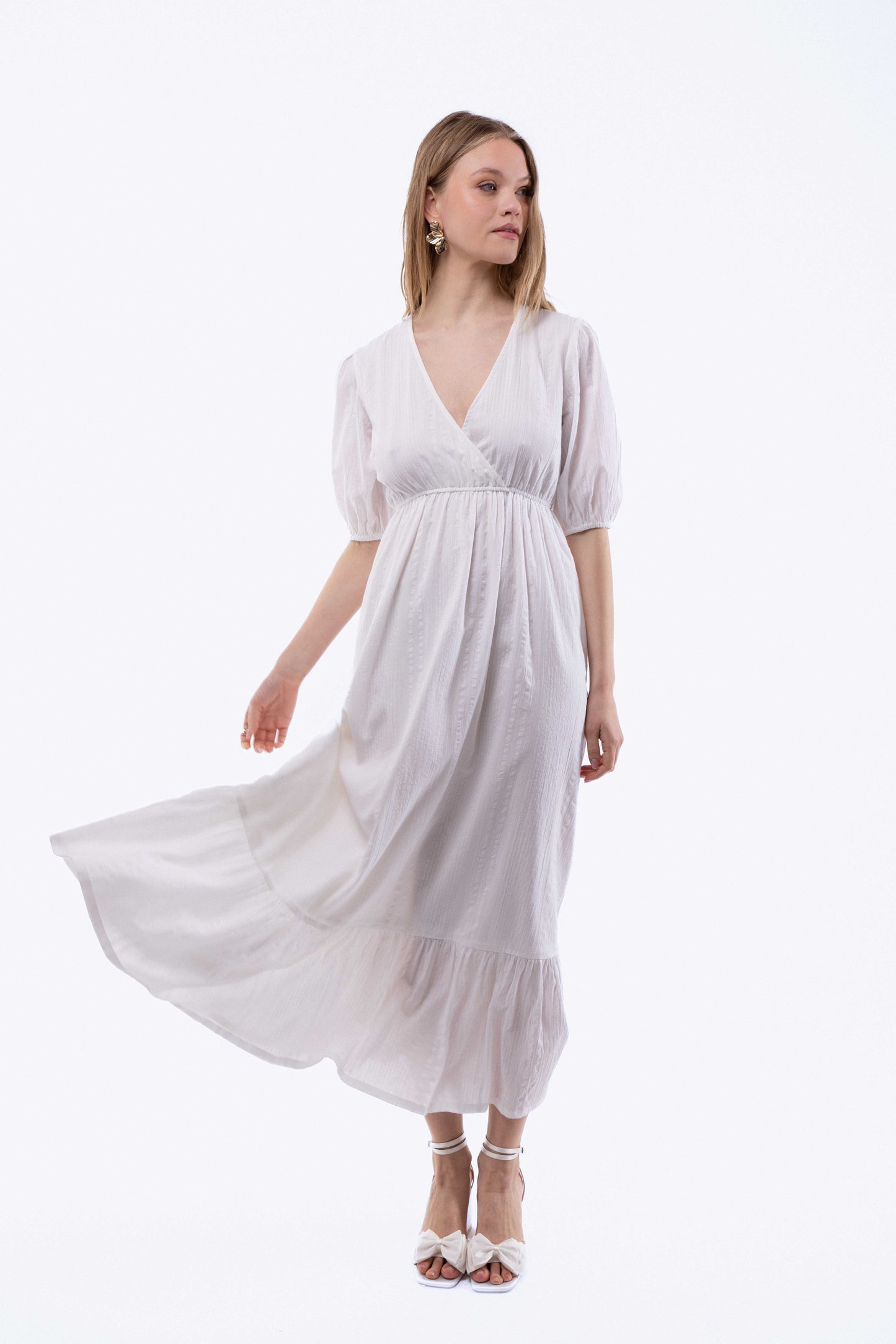 V-Neck Wrap Tiered Midi Dress