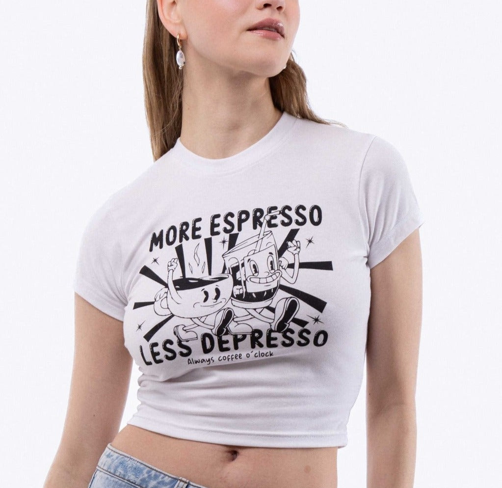 More Espresso Less Depresso Cropped Tee, SILKROAD DAUGHTERS , Shirts & Tops, More Espresso Less Depresso Cropped Tee