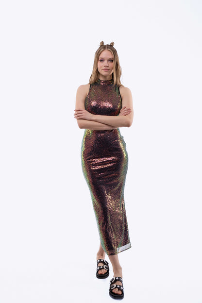 High Neck Sequin Midi Dress, SILKROAD DAUGHTERS , Dresses, Tops