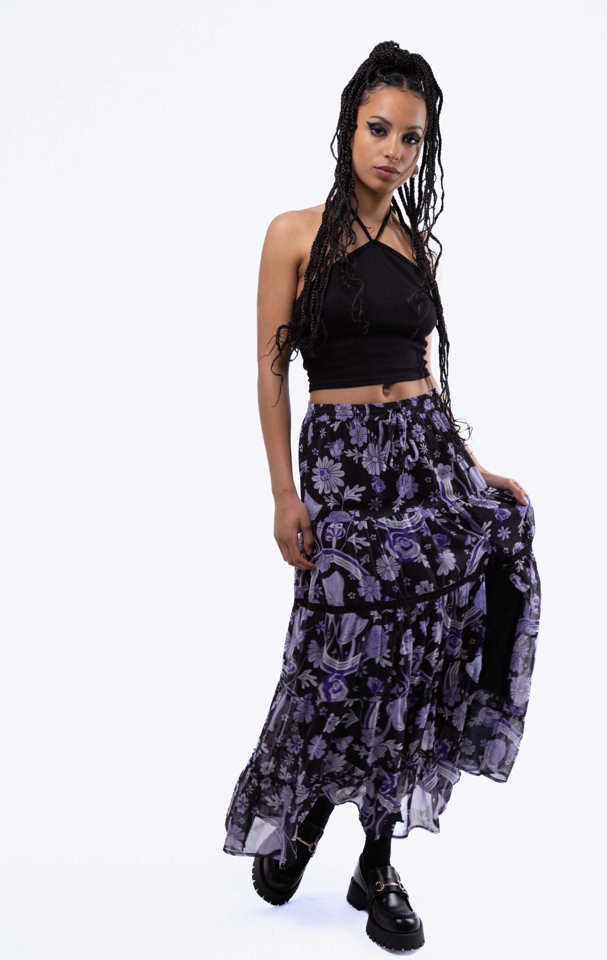 Floral Wonderland Print Tiered Slit Midi Skirt