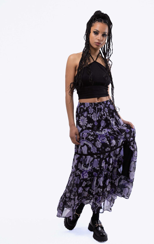 Floral Wonderland Print Tiered Slit Midi Skirt