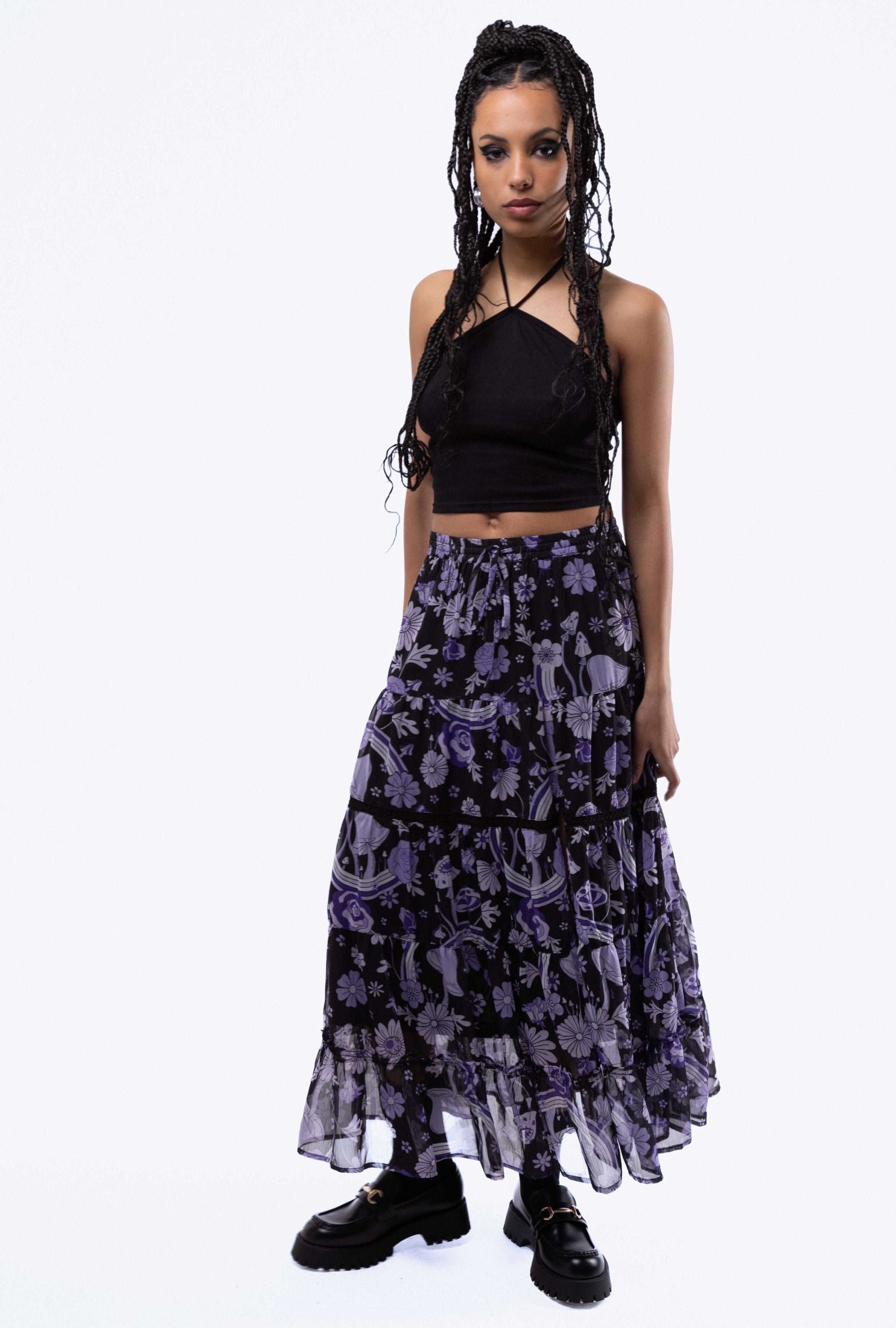 Floral Wonderland Print Tiered Slit Midi Skirt