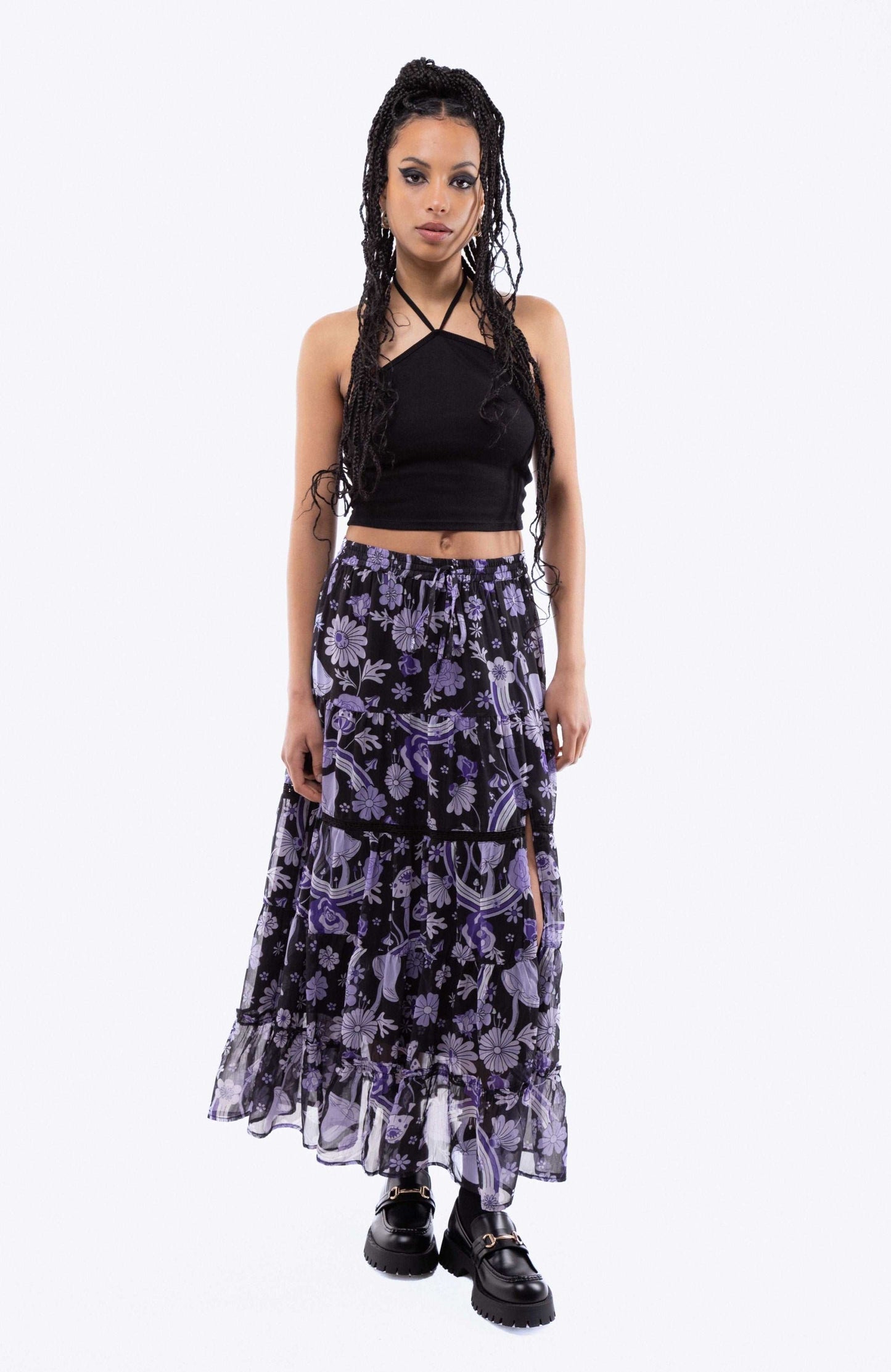 Floral Wonderland Print Tiered Slit Midi Skirt