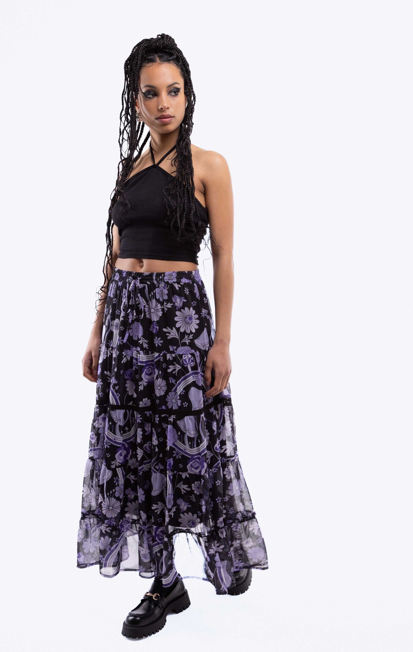 Floral Wonderland Print Tiered Slit Midi Skirt