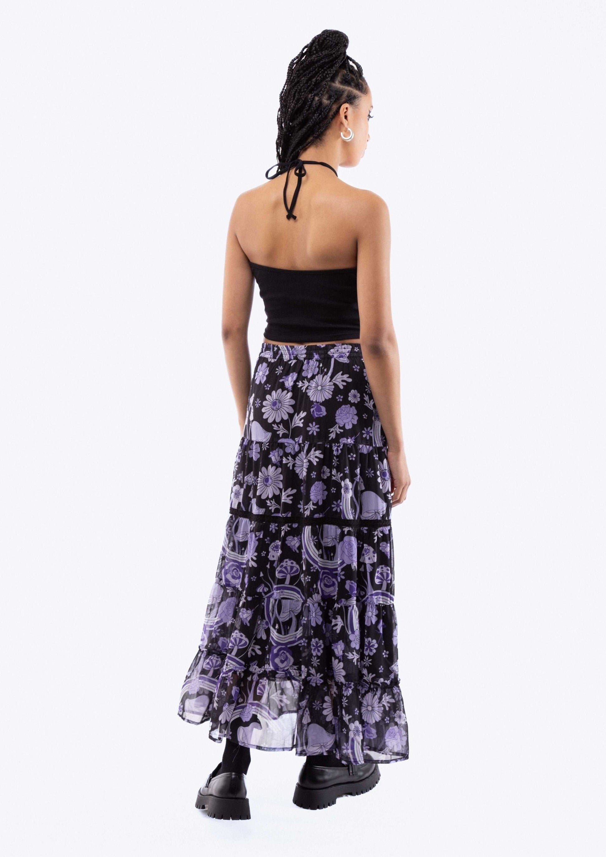 Floral Wonderland Print Tiered Slit Midi Skirt