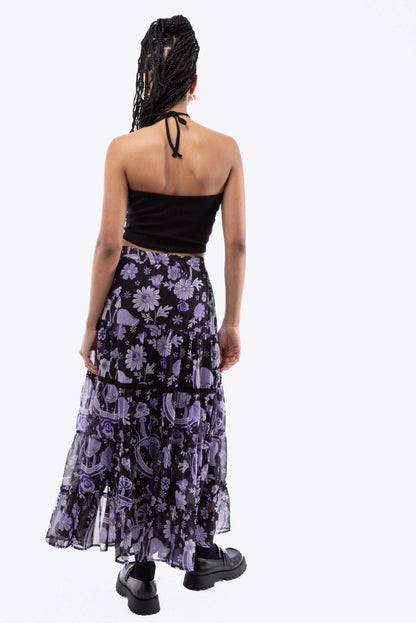 Floral Wonderland Print Tiered Slit Midi Skirt