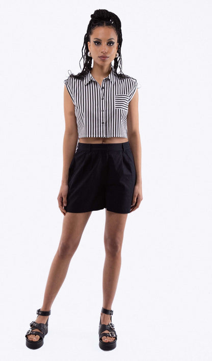 Black Sleeveless Stripe Cropped Skirt