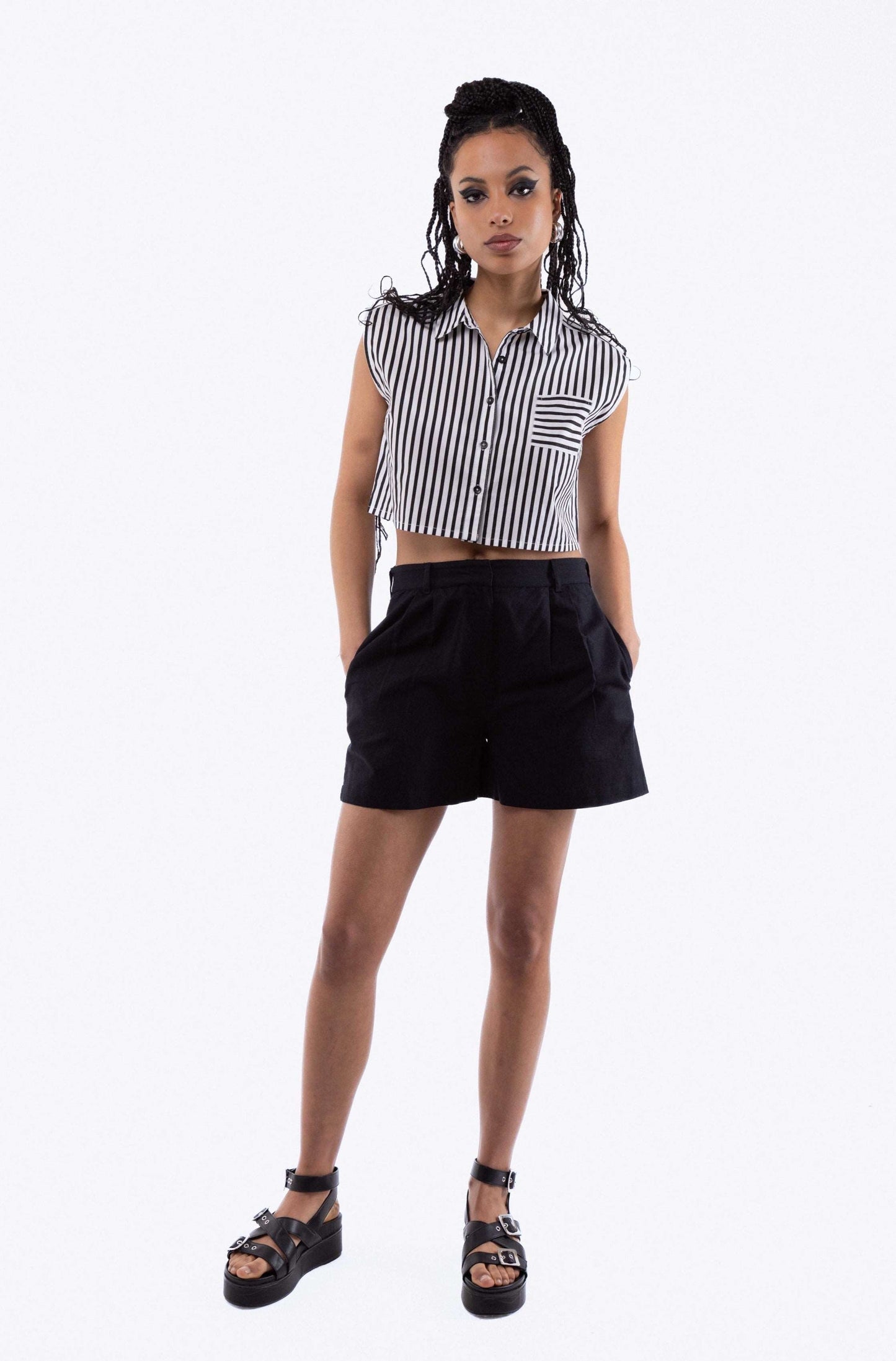 Black Sleeveless Stripe Cropped Skirt