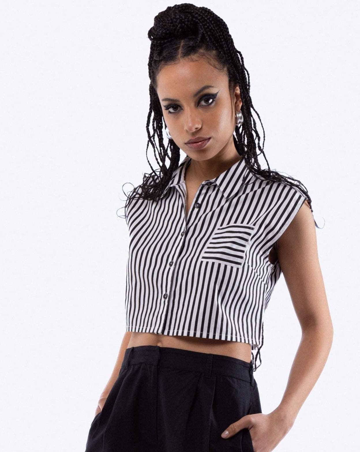 Black Sleeveless Stripe Cropped Skirt