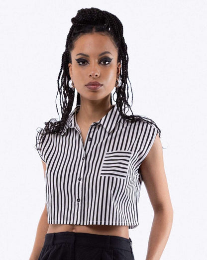 Black Sleeveless Stripe Cropped Skirt