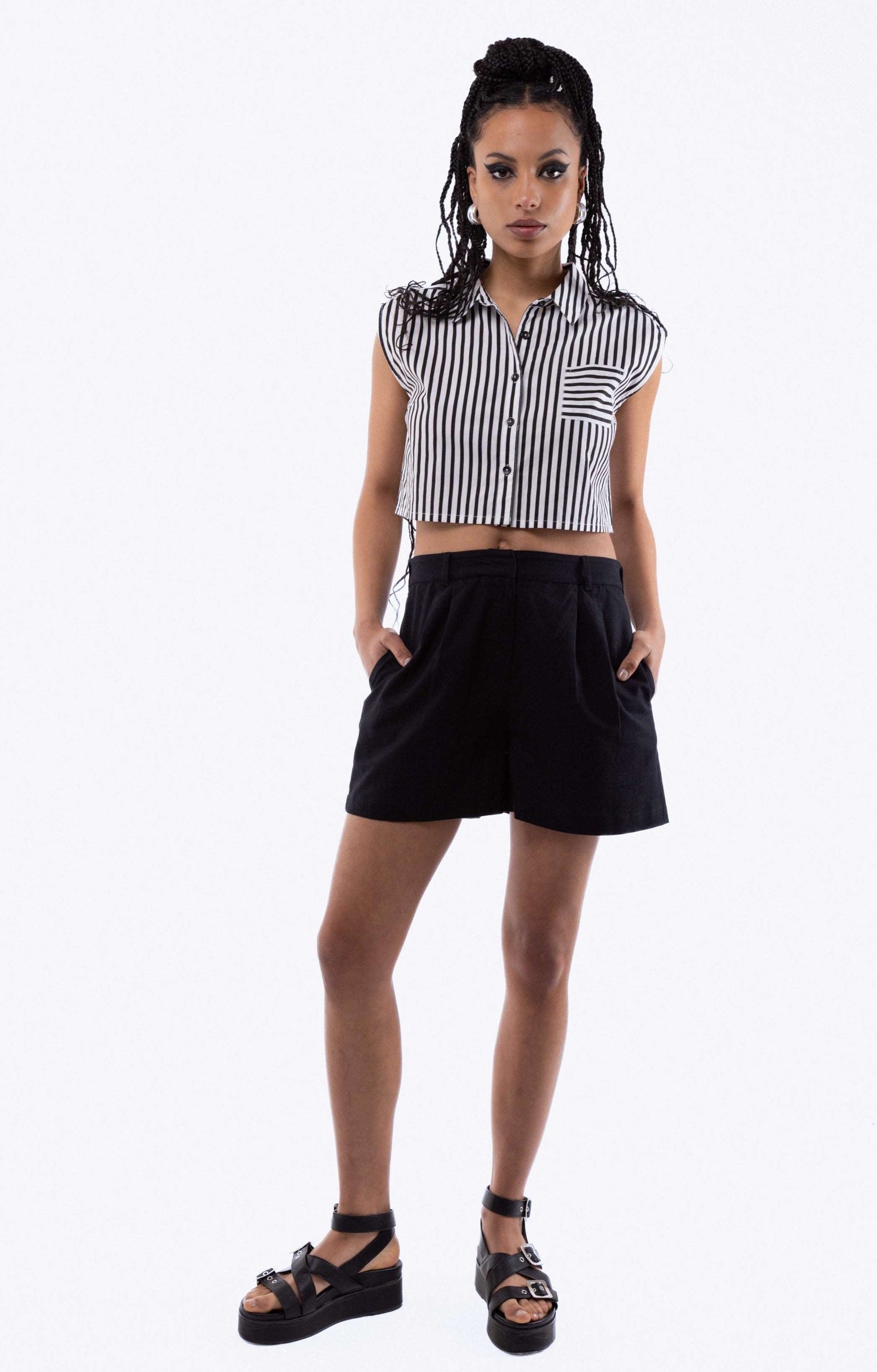 Black Sleeveless Stripe Cropped Skirt