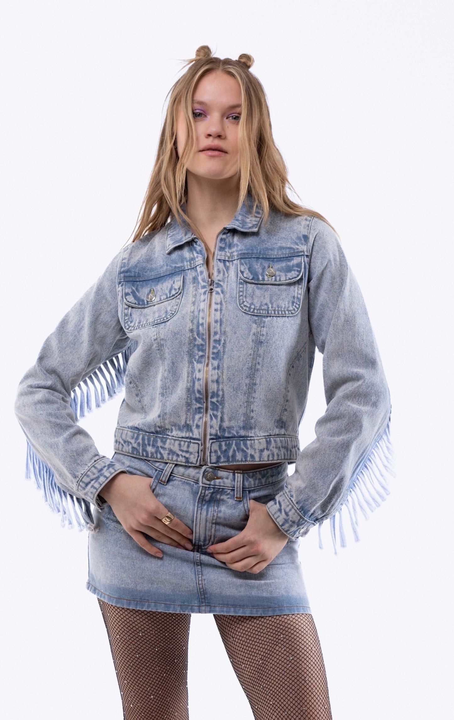 EVA Denim Fringe Fitted Trucker Jacket