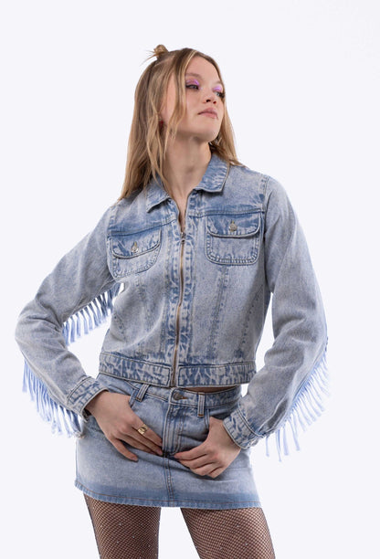 EVA Denim Fringe Fitted Trucker Jacket