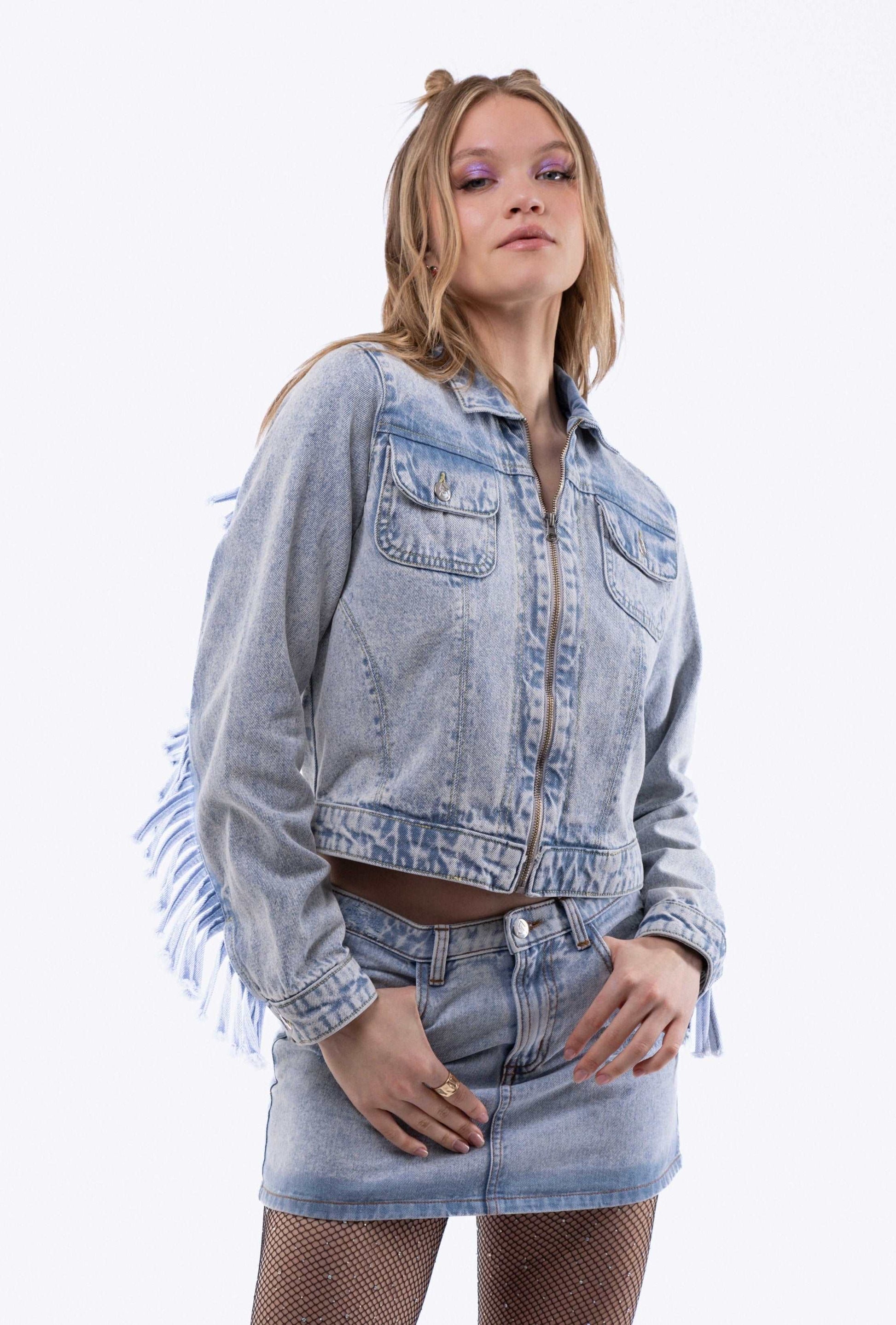 EVA Denim Fringe Fitted Trucker Jacket