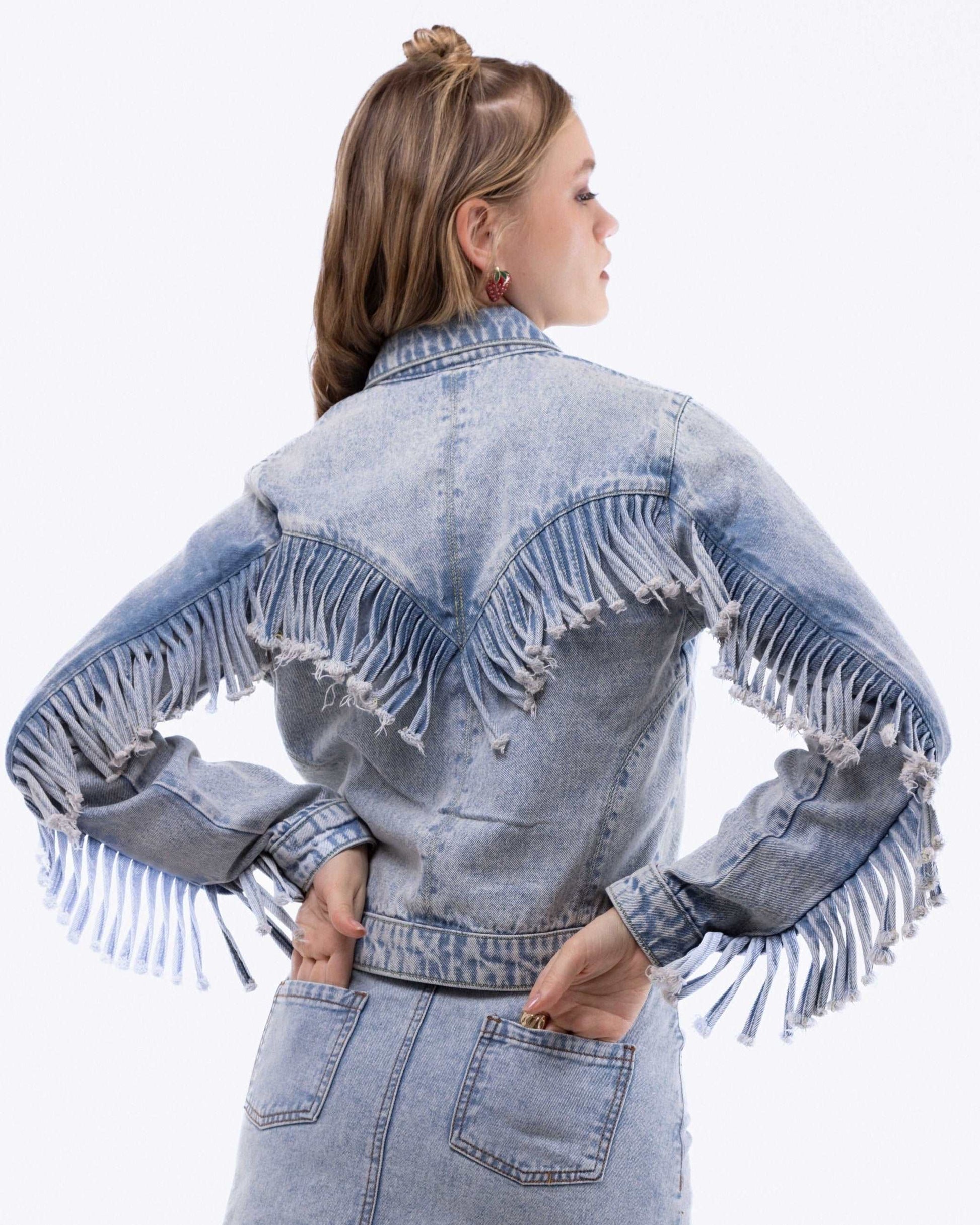 EVA Denim Fringe Fitted Trucker Jacket