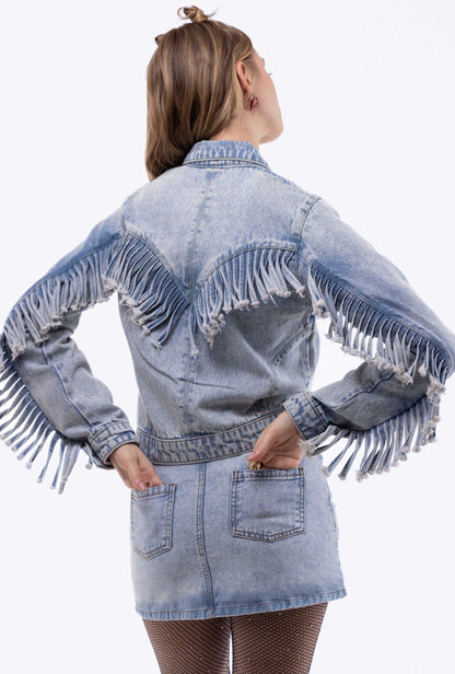 EVA Denim Fringe Fitted Trucker Jacket