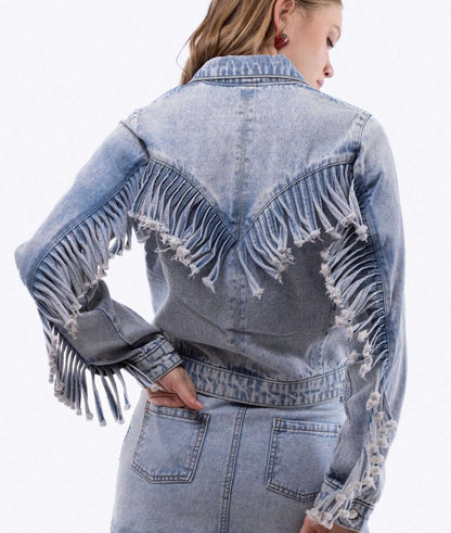 EVA Denim Fringe Fitted Trucker Jacket