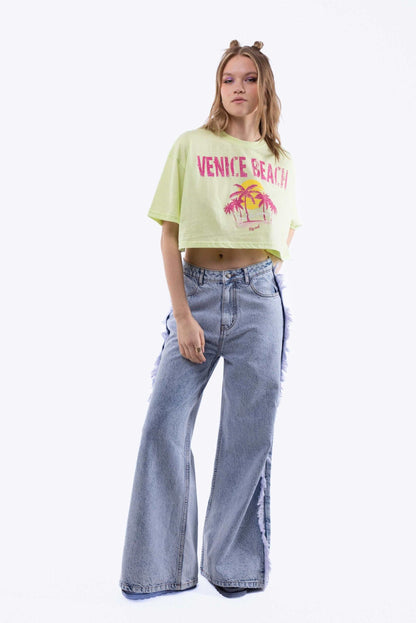 Denim Fringe Wide Leg Jeans