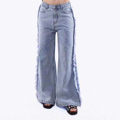 Denim Fringe Wide Leg Jeans