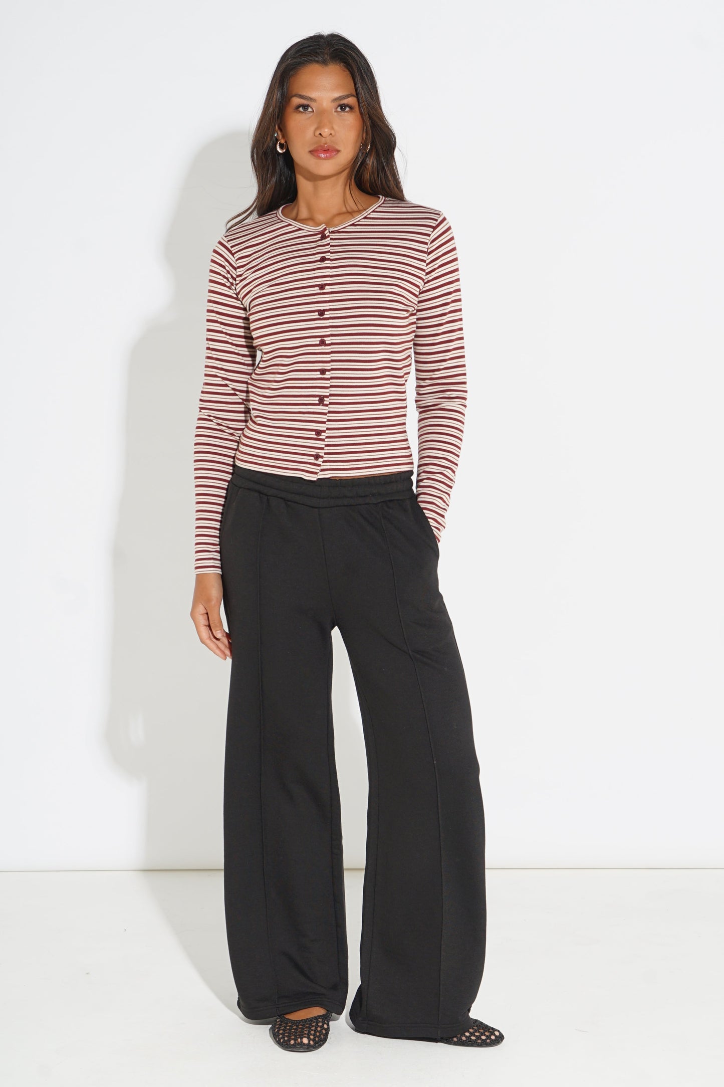 BURGUNDY CREAM STRIPE BUTTON-UP CARDIGAN SILKROAD DAUGHTERS
