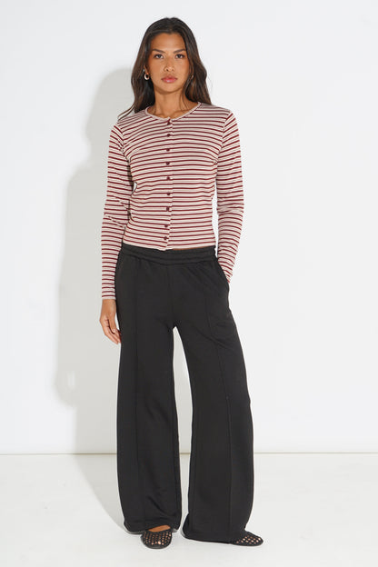 BURGUNDY CREAM STRIPE BUTTON-UP CARDIGAN SILKROAD DAUGHTERS