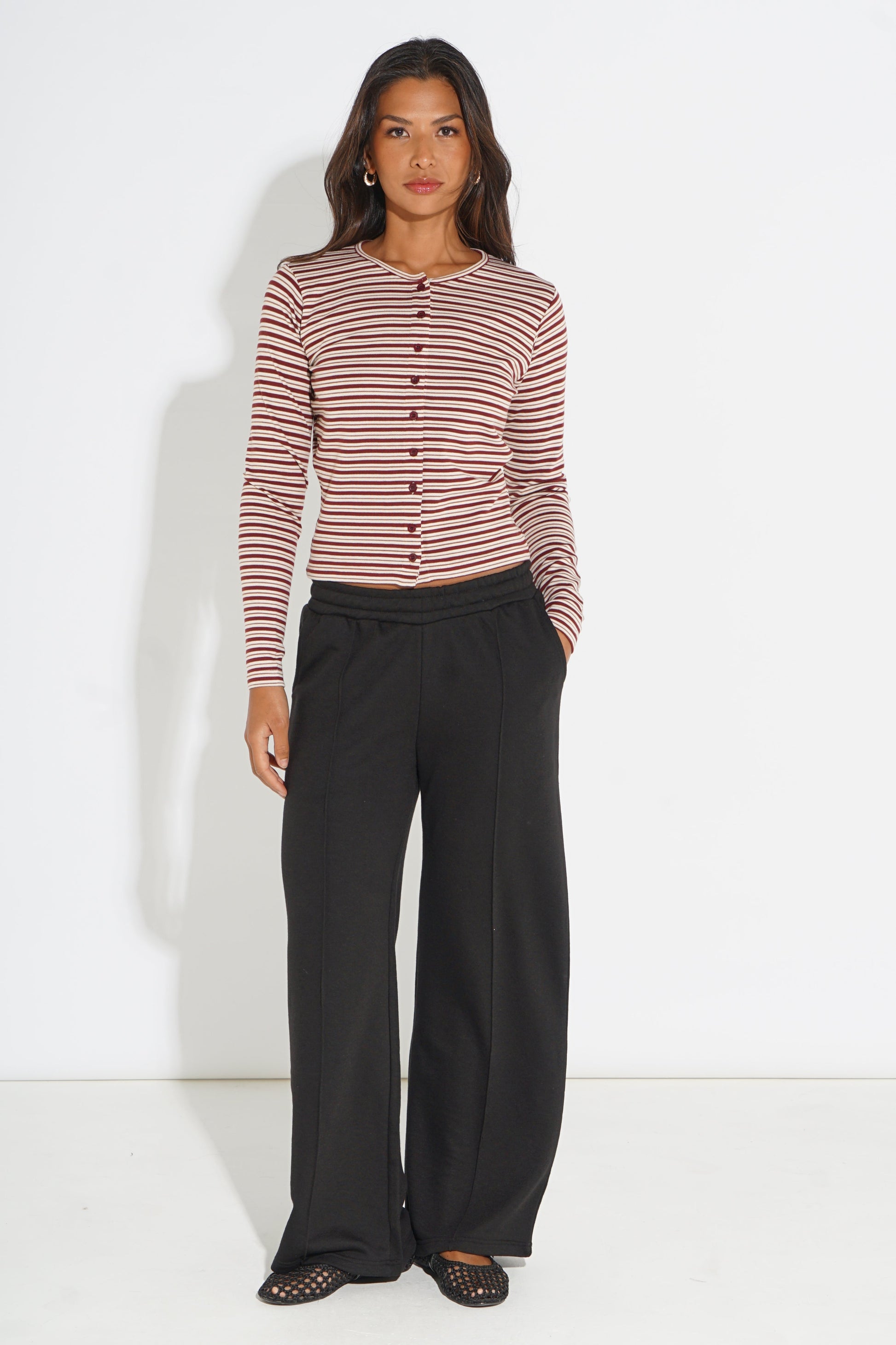 BURGUNDY CREAM STRIPE BUTTON-UP CARDIGAN SILKROAD DAUGHTERS