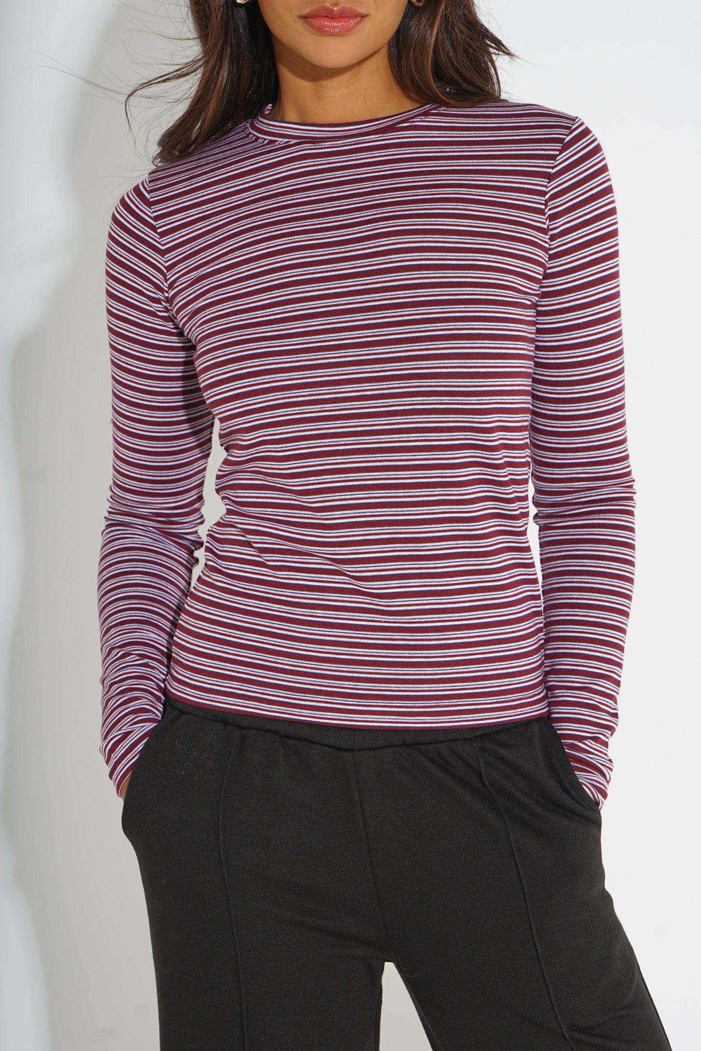 BURGUNDY STRIPE LONG-SLEEVE TOP SILKROAD DAUGHTERS