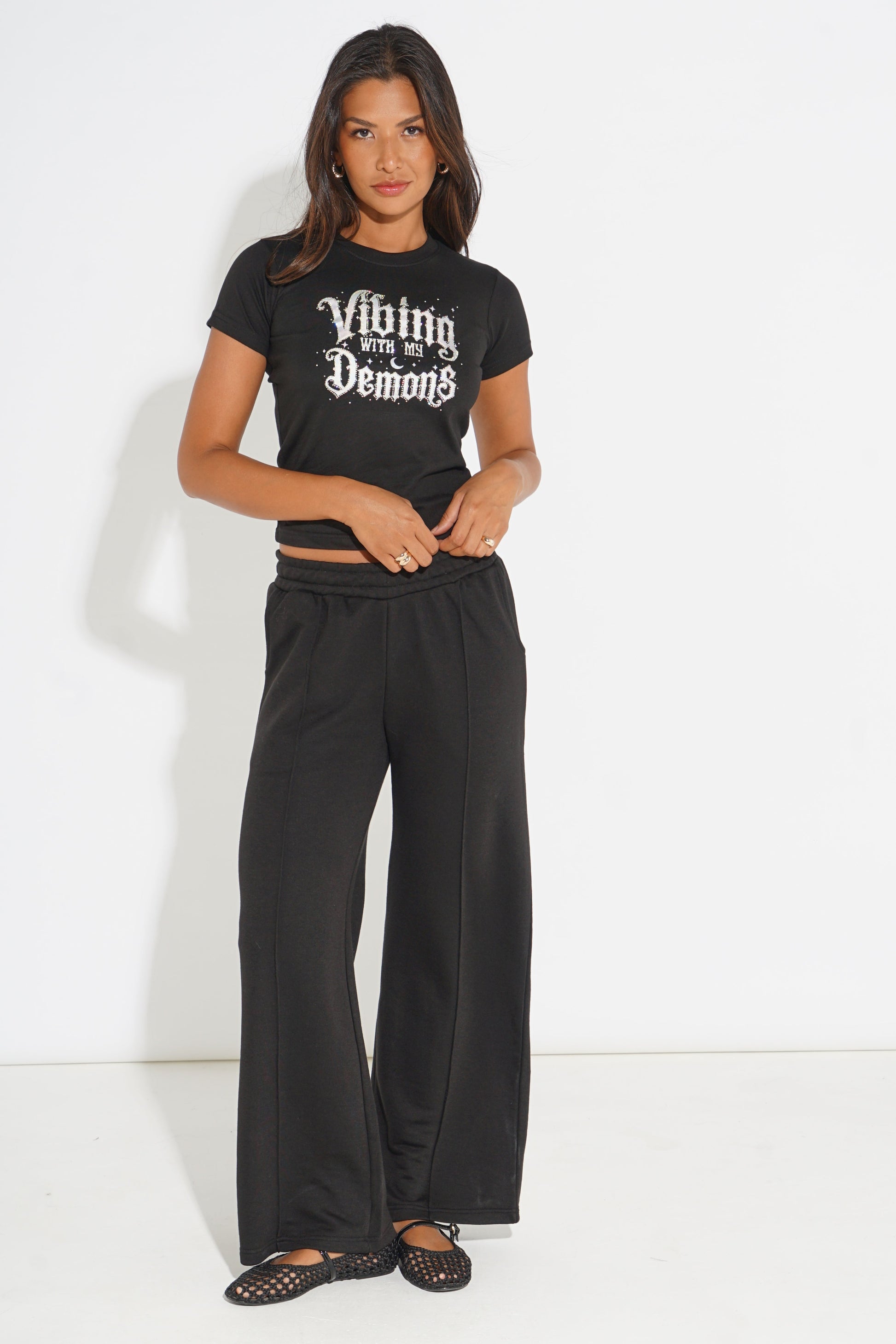 VIBING WITH MY DEMONS RHINESTONE T-SHIRT SILKROAD DAUGHTERS