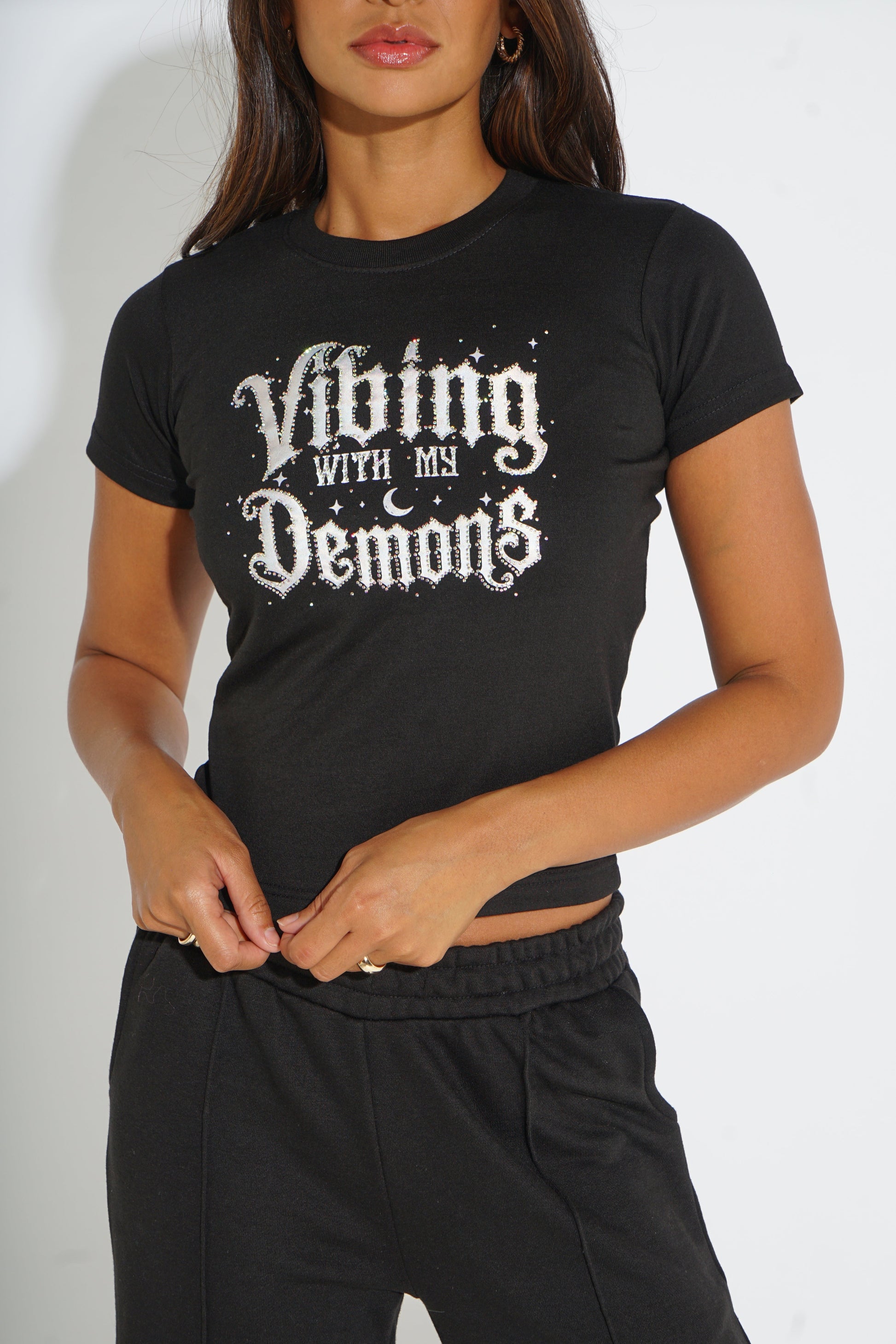 VIBING WITH MY DEMONS RHINESTONE T-SHIRT SILKROAD DAUGHTERS
