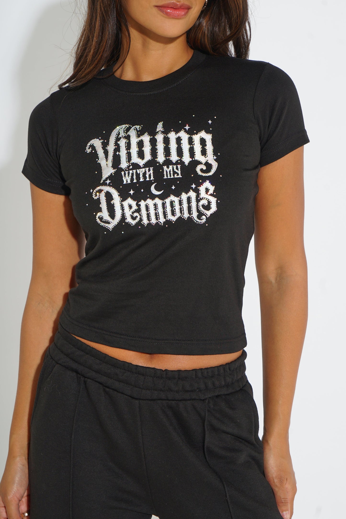 VIBING WITH MY DEMONS RHINESTONE T-SHIRT SILKROAD DAUGHTERS