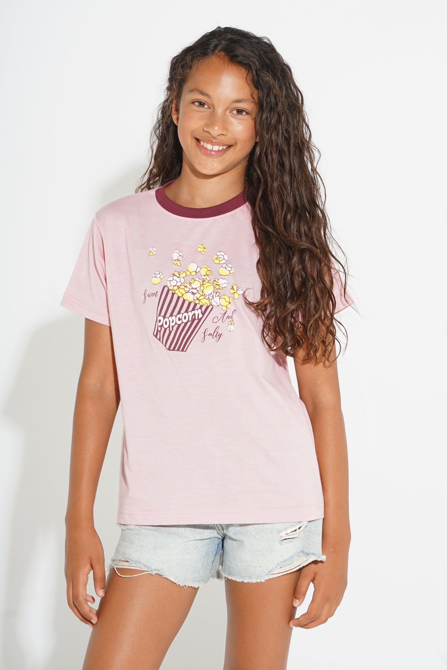 SNACKS FOR DINNER POPCORN PUFF PRINT OVERSIZED GIRLS T-SHIRT SILKROAD DAUGHTERS