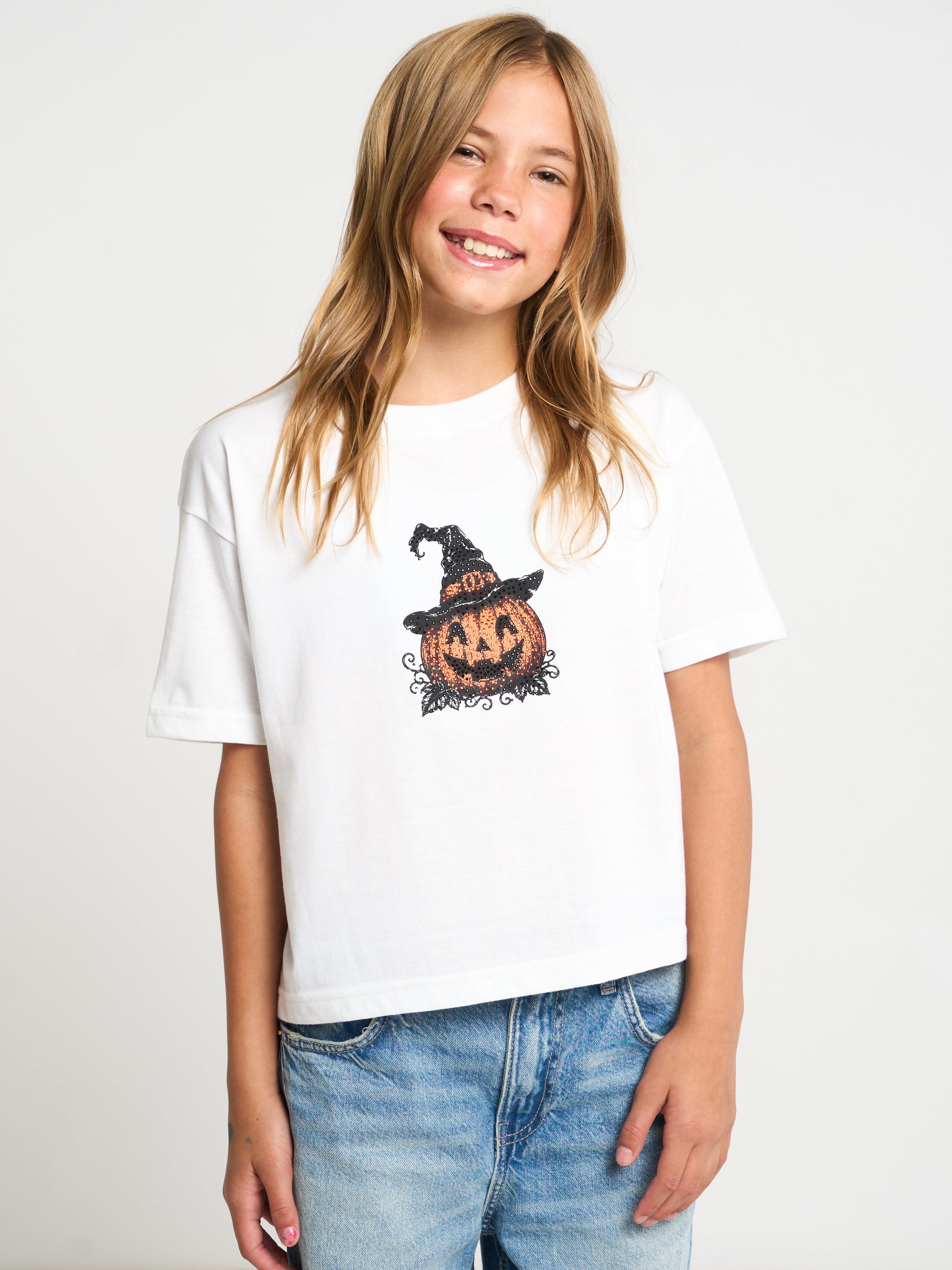 RHINESTONE PUMPKIN GIRLSWEAR BOXY TEE SILKROAD DAUGHTERS