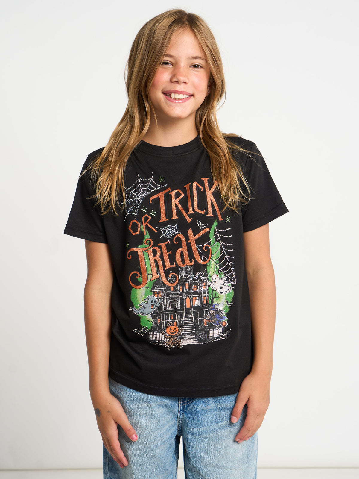 TRICK OR TREAT HAUNTED HOUSE GLITTER GIRLSWEAR OVERSIZED TEE SILKROAD DAUGHTERS