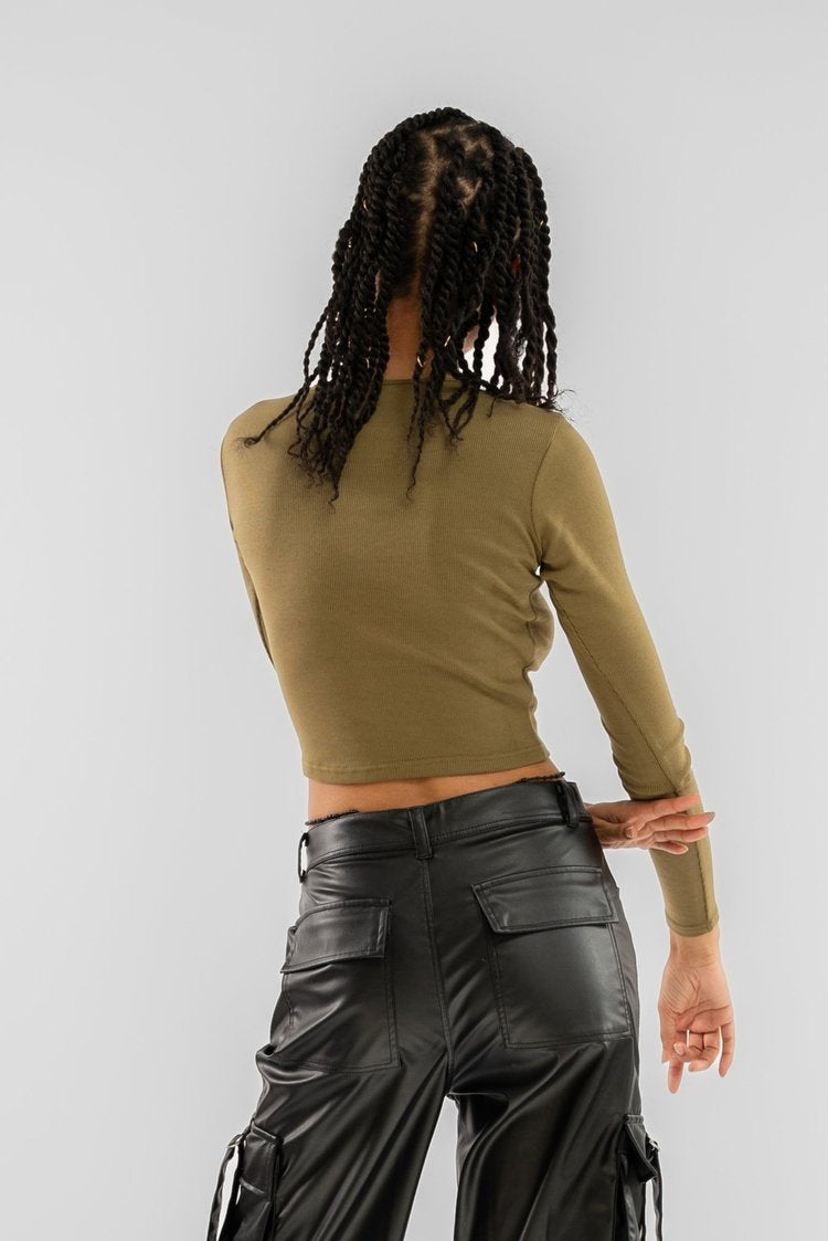 Martini Olive Cut Out Long Sleeve Rib Crop Top