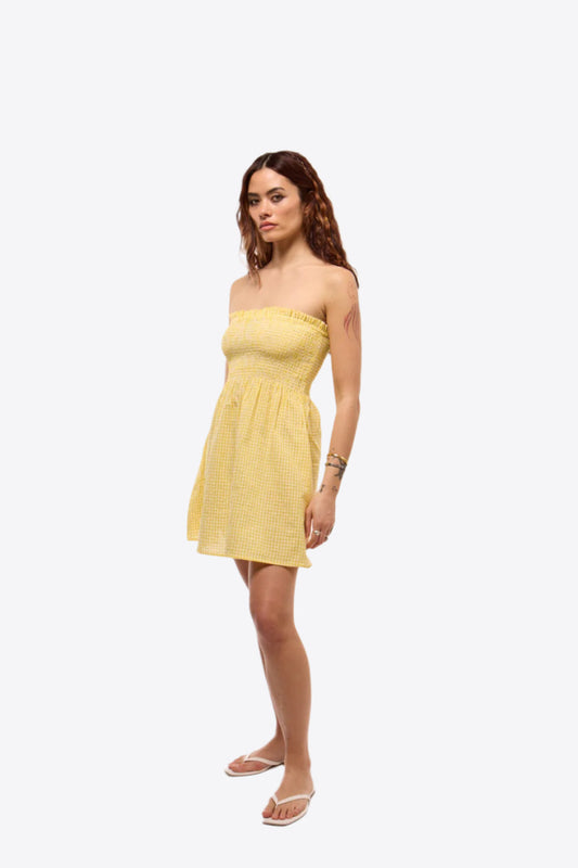 GINGHAM ROUCHED BANDEAU MINI DRESS SILKROAD DAUGHTERS