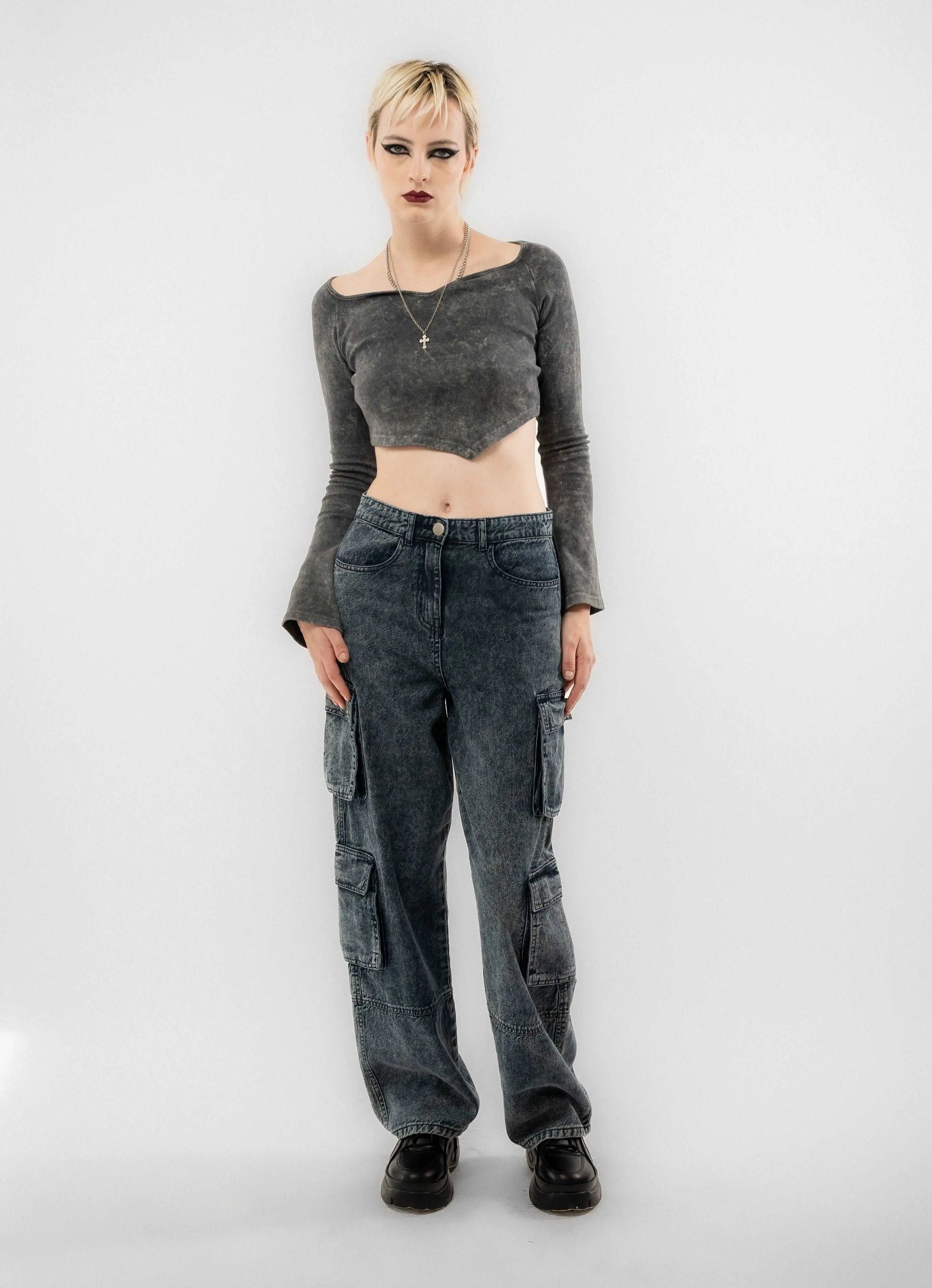 Acid Wash Wide Leg Denim Cargo Jeans