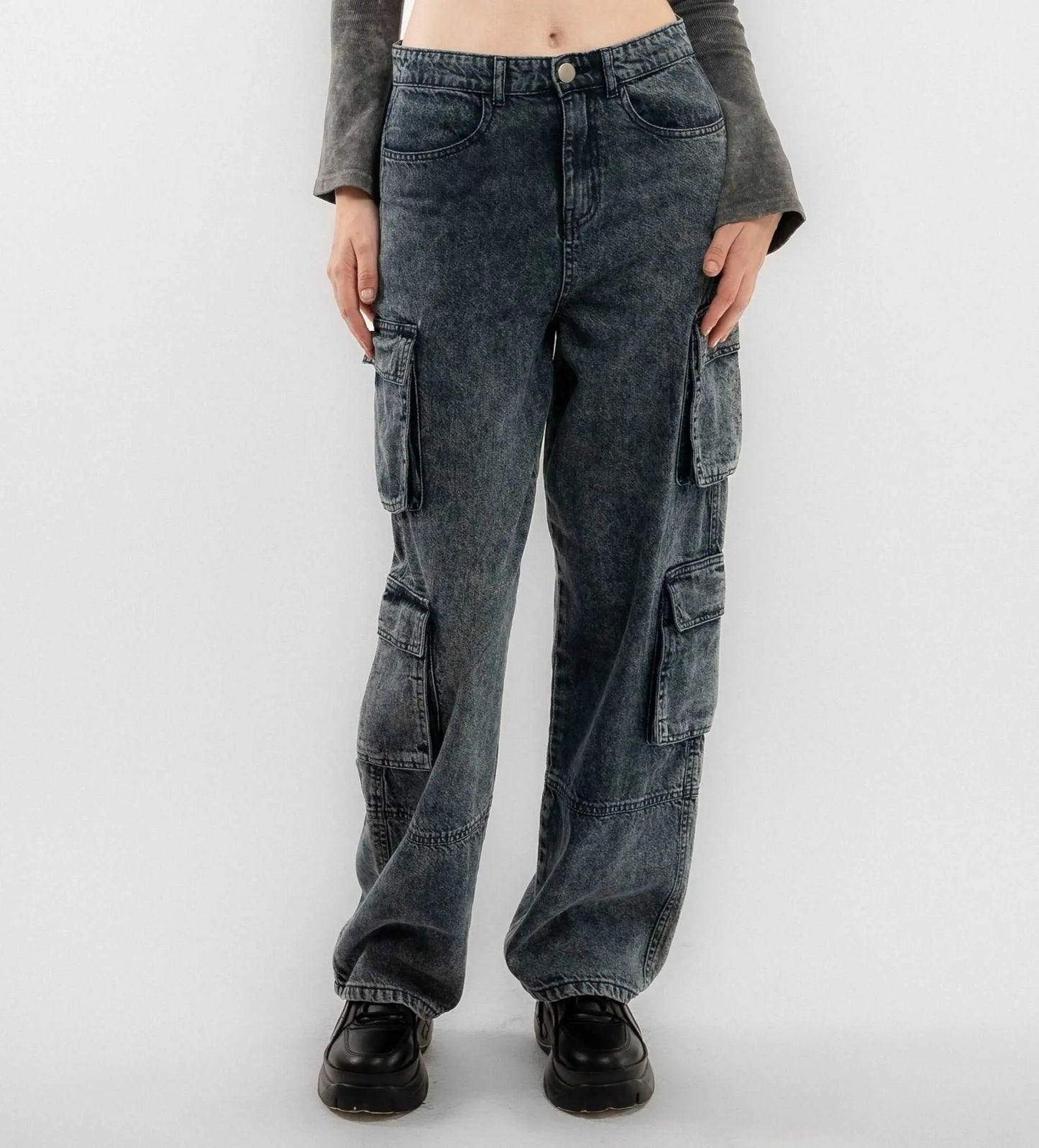 Acid Wash Wide Leg Denim Cargo Jeans