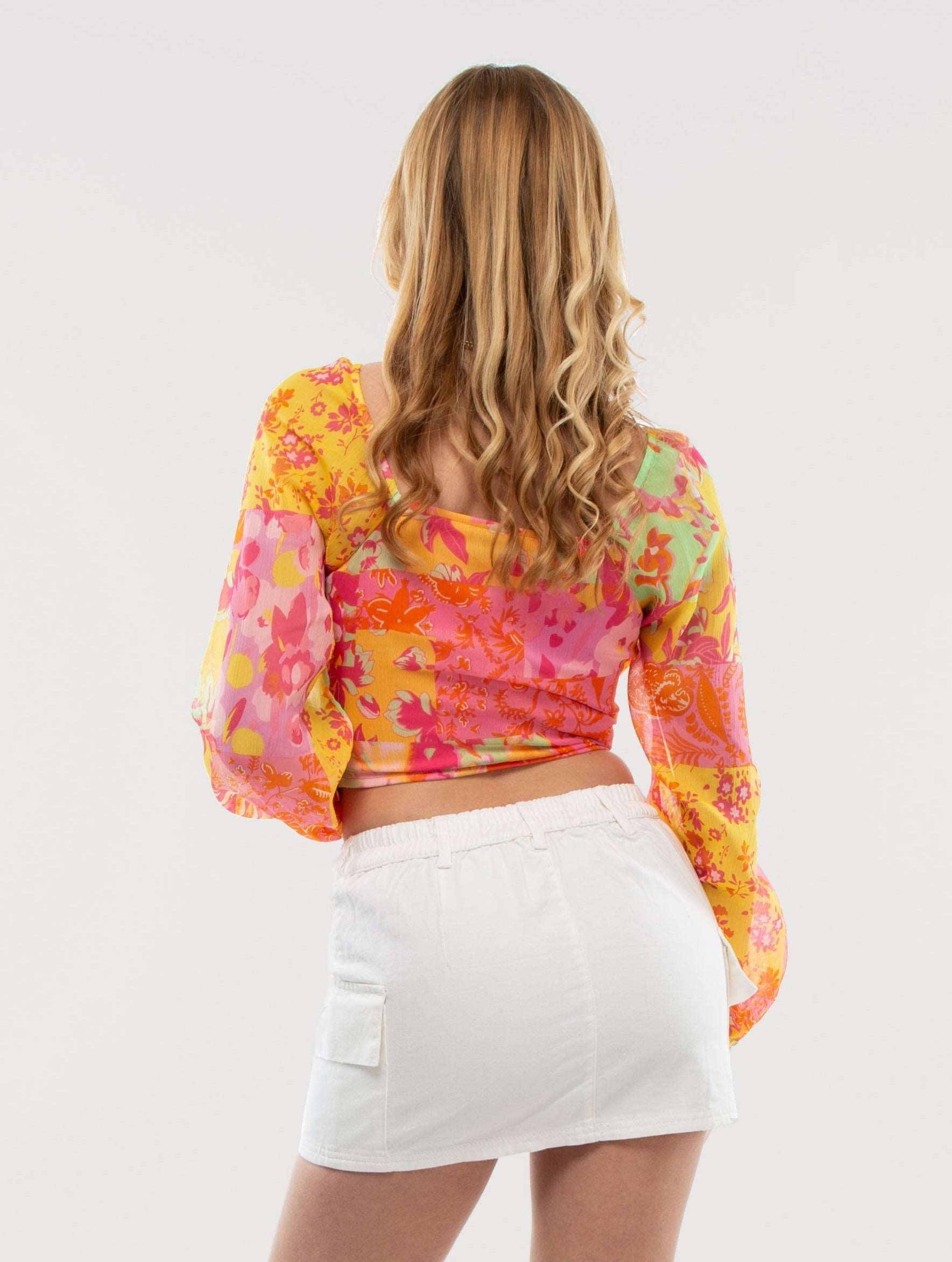 Pink Printed Sweetheart Neck Corset Detail Crop Blouse