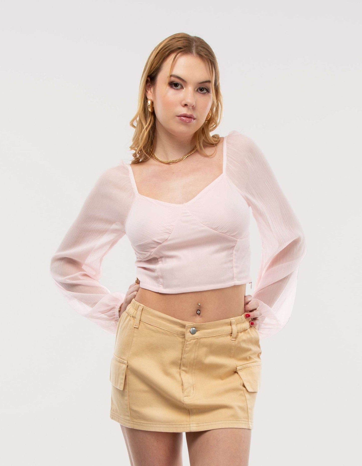 Light Pink Sweetheart Neck Corset Detail Crop Blouse