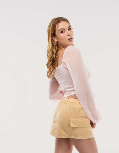 Light Pink Sweetheart Neck Corset Detail Crop Blouse