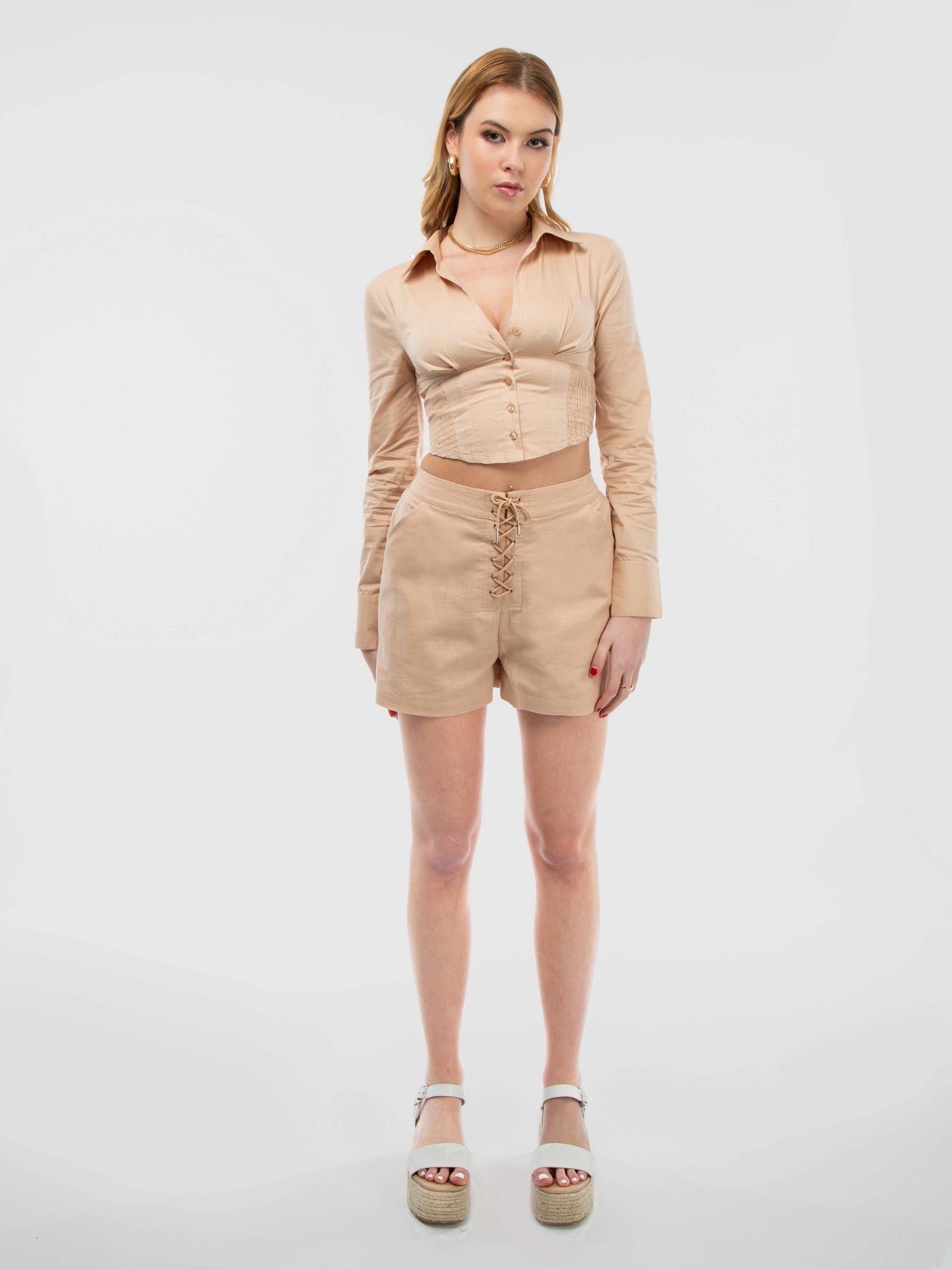 Wheat Cropped Corset Shirt