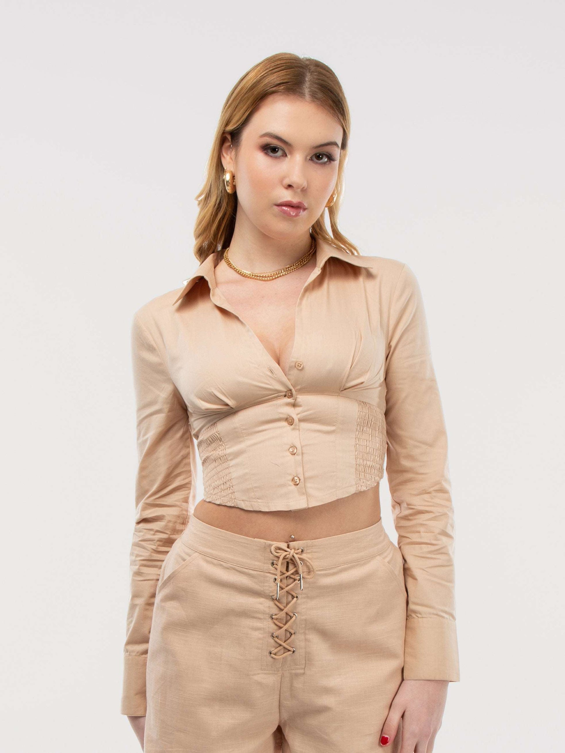 Wheat Cropped Corset Shirt