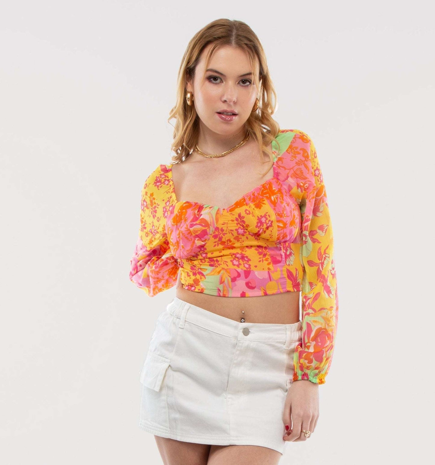 Pink Printed Sweetheart Neck Corset Detail Crop Blouse