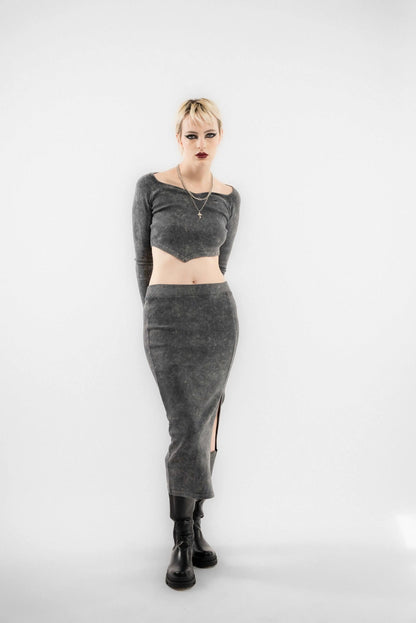 Dark-Grey Acid Wash Side Slit Midi Skirt