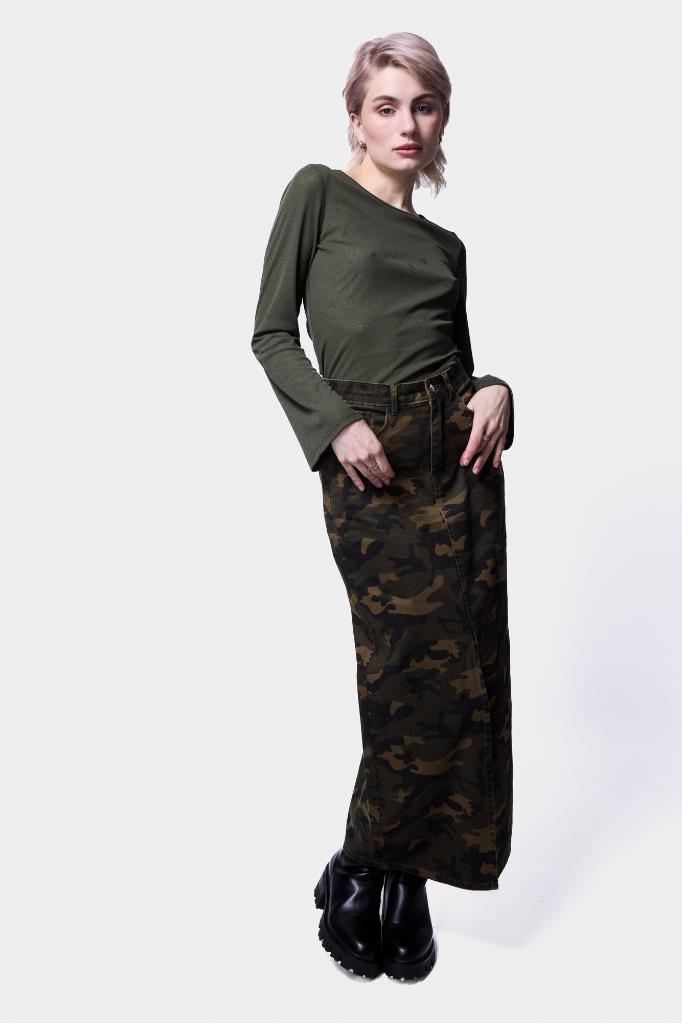 Army-Green-Long-Sleeve-Top-With-Camo-Midi-Skirt